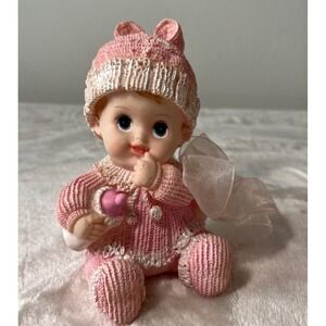 Baby Doll Figurine‎ Pink Knit Hat Heart Ornament Nursery Decor Cute
